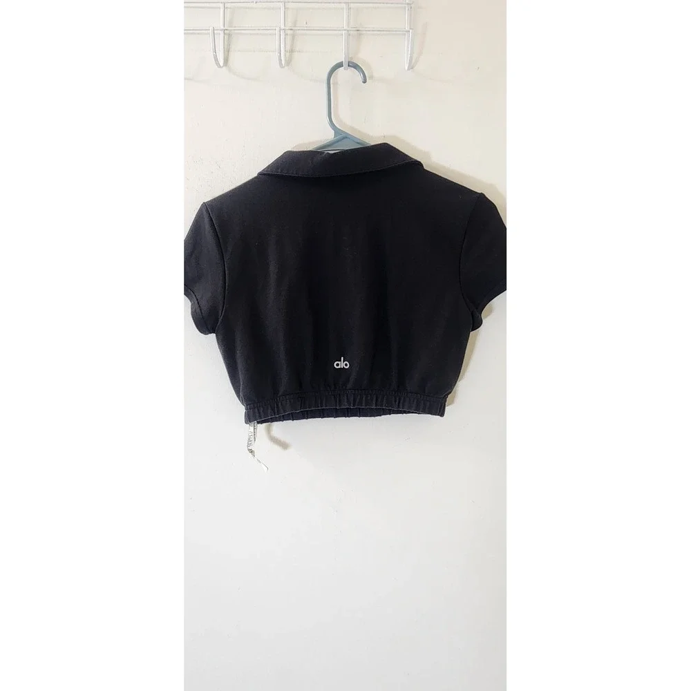 Alo Yoga Women Black Cropped Polo Shirt Elastic Hem Short Sleeve XS